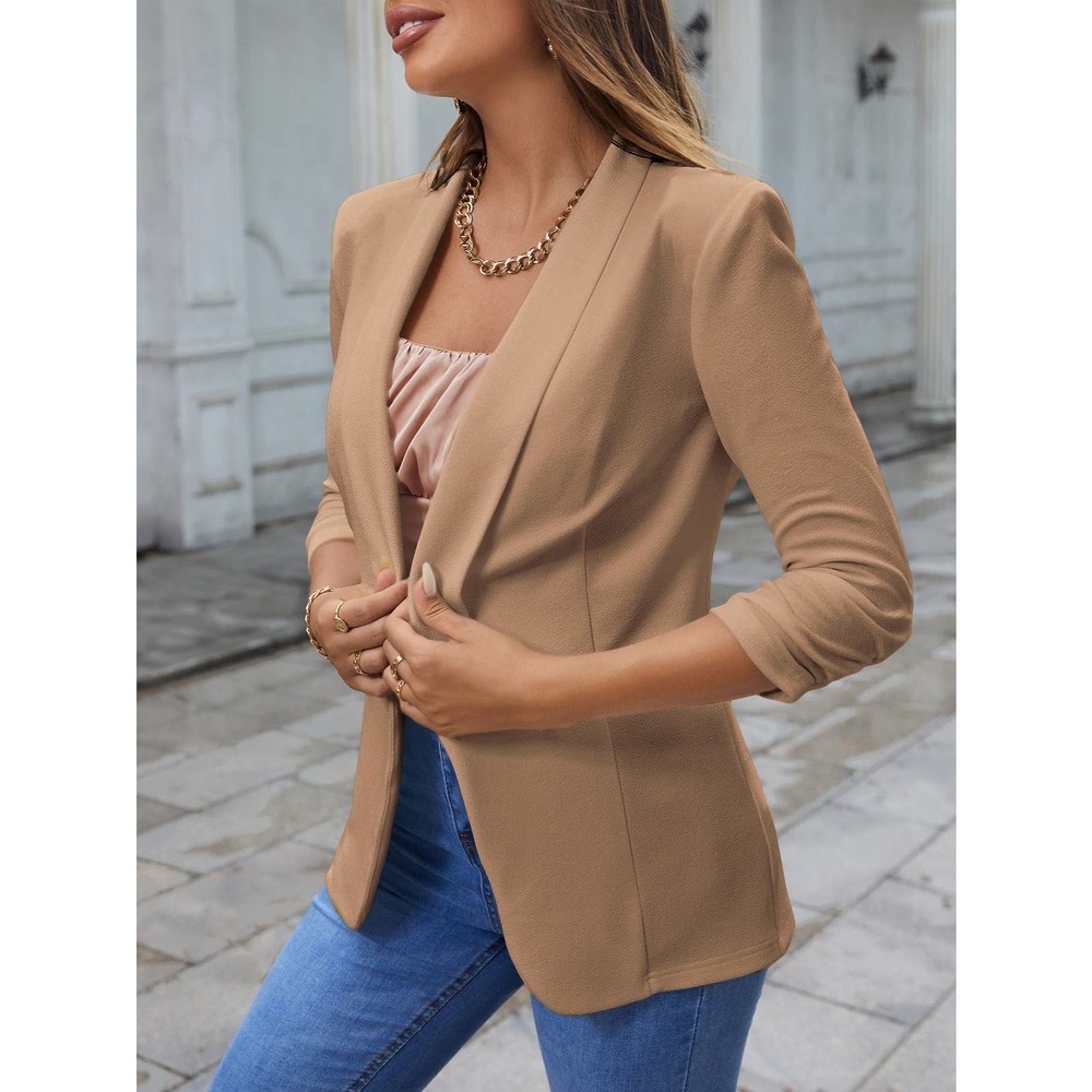 minimalist Shawl Collar Single Button Ruched Cuff Blazer jacket black - Picture 9 of 11